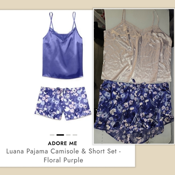 Adore Me Satin Luana Pajama Cami & Short Set Light Pink & Floral Purple Plus 2X - Picture 3 of 13